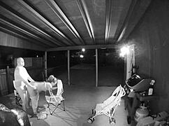 guy bends babe over public back porch railing for hardcore pussy creampie pounding