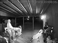 guy bends babe over public back porch railing for hardcore pussy creampie pounding