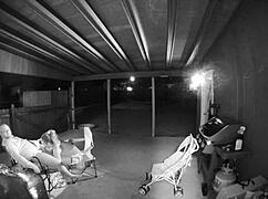 guy bends babe over public back porch railing for hardcore pussy creampie pounding