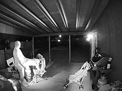 guy bends babe over public back porch railing for hardcore pussy creampie pounding