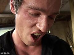 A young slut in the forest bends for two monster cocks in rough mmf double penetration