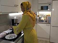 horny arab stepmom in hijab bends over for stepson's big ass anal pounding