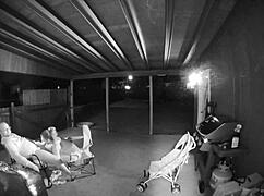 guy bends babe over public back porch railing for hardcore pussy creampie pounding