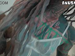 Heavily tattooed horny girl fucks herself solo with big toy right here