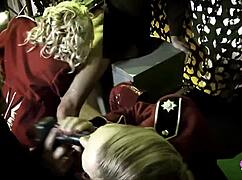 three busty girls in retro uniforms ride stud hard 😍🔥💦