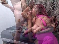 old butler serves as busty mature mommy's curvy sex toy with cum on tits