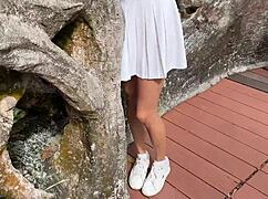 wanna see this cute skinny teen brunette give risky public handjob blowjob on bus flashing huge cock till cum in forest pov?