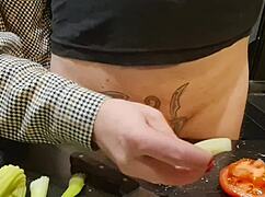 watch her torment that huge cock with urethral insertions and ball kicks in kitchen chaos