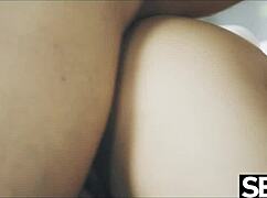 Brunette beauty with big tits blows then rides cock to multiple creampie orgasms