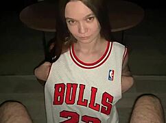 Good girl kneels deepthroating stepdad's cock before he blasts cum all over her big natural tits