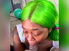 yo green hair slut eats this ebony monster cock sloppy wet pov blowjob fuck