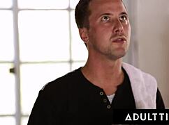 Peeping neighbor spies on slutty teen Alex Grey riding stepdad Tommy Gunn's huge cock in the garage!