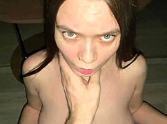 Good girl kneels deepthroating stepdad's cock before he blasts cum all over her big natural tits