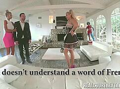 Blonde Whores Courtney Taylor Kiss Bisexual Maids with Huge Fake Tits at Monster Party