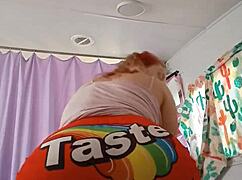 biker dude worships big ass blonde neighbor in bedroom shorts