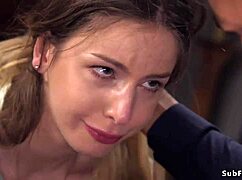 bound busty babe screams as black cock ravages her natural tits