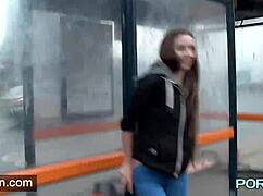 Skinny Leyla flashes her shaved pussy outdoors in lingerie!