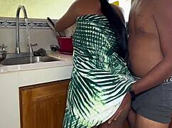 Guy catches hot tattooed stepmom bent over for doggy creampie lick