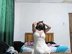 Busty Latina Executive in White Dress Flashes Natural Tits and Vagina Sensually