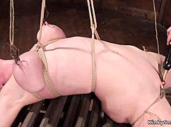 Hogtied blonde milf backbend bound gagged choked on huge toys