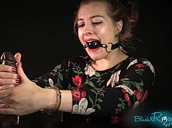 bound housewife chokes on dildo while handcuffed for dirty roleplay