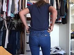 damn stepmom flashes her huge ass and hairy beaver while i jerk off watching