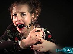 bound housewife chokes on dildo while handcuffed for dirty roleplay