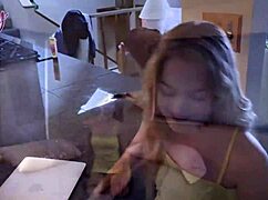 Blonde teen Sage Fox rides stepdad's cock bent over pussy