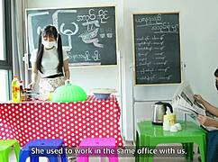 Skinny asian teen bends over store counter for rough doggystyle pussy pounding and licking