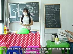 Skinny asian teen bends over store counter for rough doggystyle pussy pounding and licking