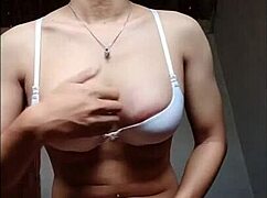 crossdressing shemale strokes huge cock solo closeup