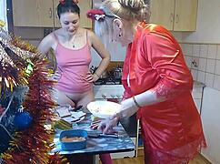 Babysitter milf cooks in thong lingerie kissing big tits teen on new years