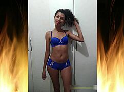 wanna see this beautiful brunette flash in sexy blue lingerie?