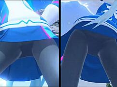 She hikes up her skirt over tight leggings for sneaky upskirt peeks that steal the show in fetish play