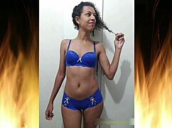 wanna see this beautiful brunette flash in sexy blue lingerie?