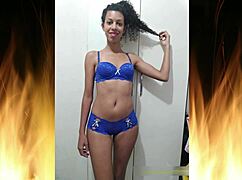 wanna see this beautiful brunette flash in sexy blue lingerie?