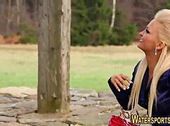 watersports lesbians finger and toy each other outdoors in hd fetish play