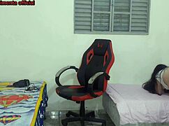 stepsis strips near stepbro before hard fuck on gamer chair