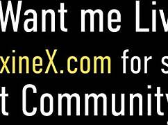 check out horny asian maxine x riding a huge dildo while sucking cock in pantyhose