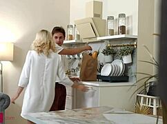 Skinny blonde babe rides driver cowgirl then bends for doggystyle cumshot on shaved pussy 😏🔥