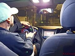 Horny wife flashes ass to driver they fuck publicly on street in car