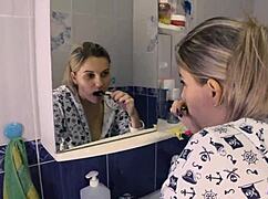 Petite teen Letty Black bends for quick doggystyle creampie then oral cumshot