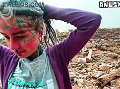 wanna see a pierced goth punk get sloppy deepthroat outdoors then facial cumshot on her small tits?