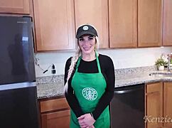 BUSTY STARBUCKS BARISTA Squirts on HUGE BBC, Swallows Cum During SHIFT! Dripping Pussy Ripped Clothes