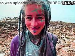 wanna see a pierced goth punk get sloppy deepthroat outdoors then facial cumshot on her small tits?