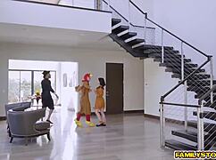 girls drop to knees sucking monster cocks before riding in wild group 4some