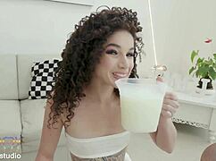 Skinny Brazilian Teen Bruna Santos DP'd by Five Studs Swallows Loads