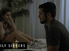 rebellious stepdaughter sneaks into bed, spreads wet hairy pussy for stepbrother's monster cock sideways