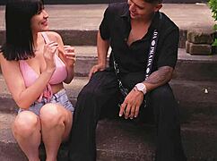 stranger flashes big tits then takes monster cock outdoors