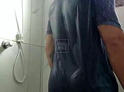 masked tattooed muscular man showers solo playing with toy till cum